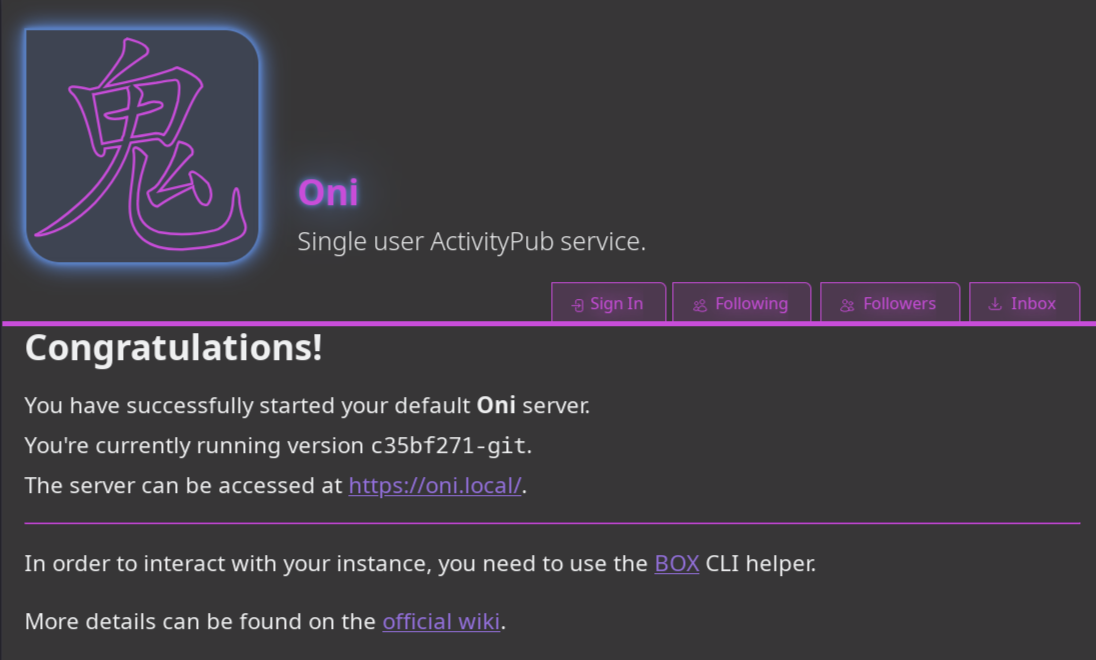 ONI main page after fresh install