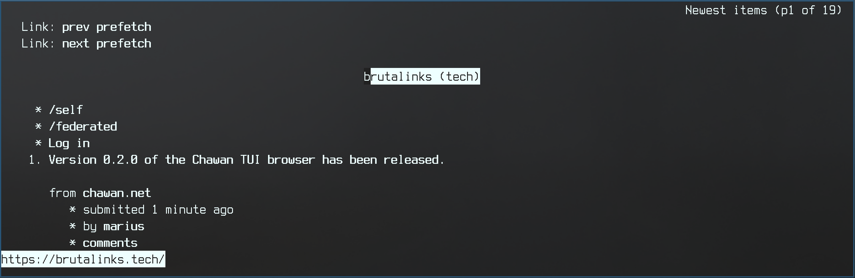 A screenshot of the links TUI browser showing the main page of a brutalinks instance links screenshot